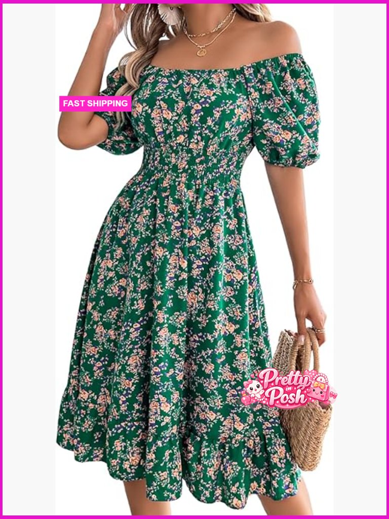 Floral Puff Sleeve A-Line Dress, Polyester Elastane, Knee Length Casual